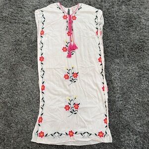Floral Embroidered Maxi Swim Cover Up Dress in White/Pink, Size OS